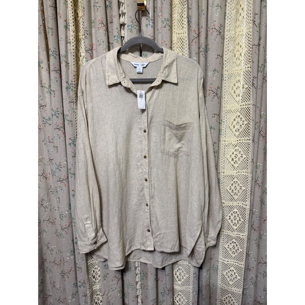 Old Navy The Boyfriend Shirt XL Beige Linen Blend Oversized Button Down NWT
